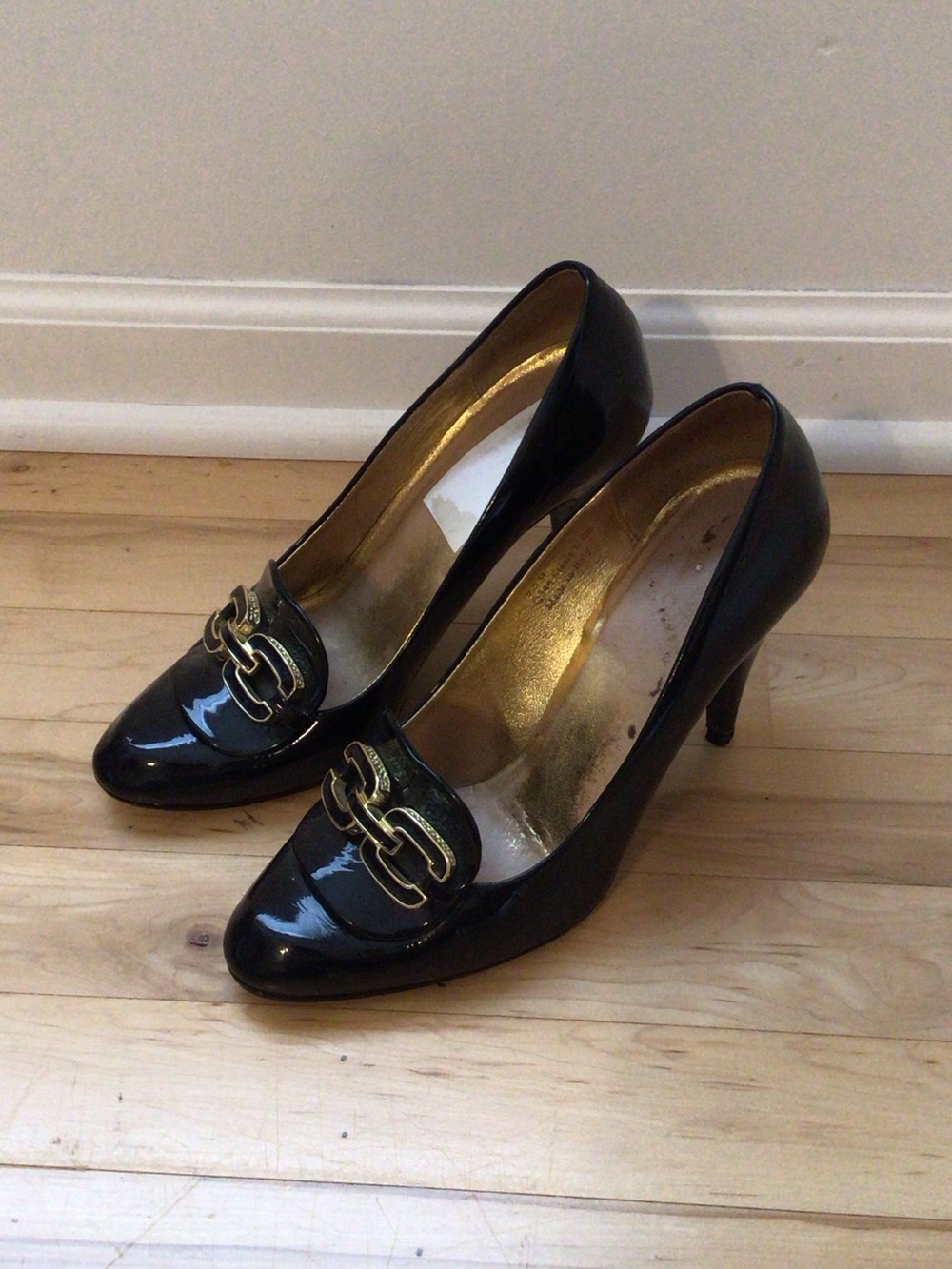 Coach Black Patent Stasia Heels with Gold Chain Accent